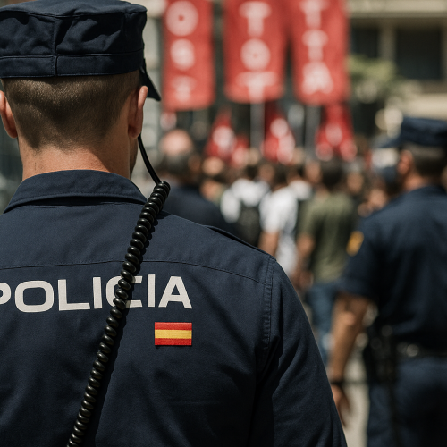 agente de la Policía Nacional de España con uniforme y chaleco antibalas, seguros de vida y accidentes colectivos