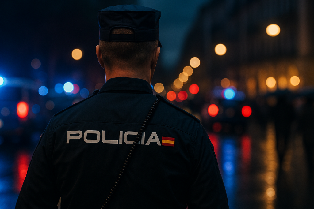 Agente de la Policía Nacional de España de espaldas en operativo nocturno con luces policiales al fondo.